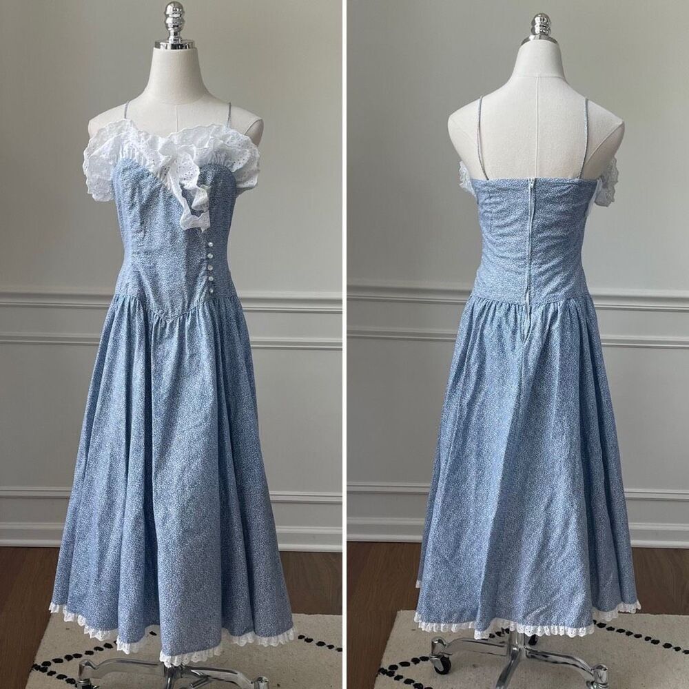 Vintage 80s Sweetheart Midi Fit Flare Romantic Feminine Dress Blue White Lace S
